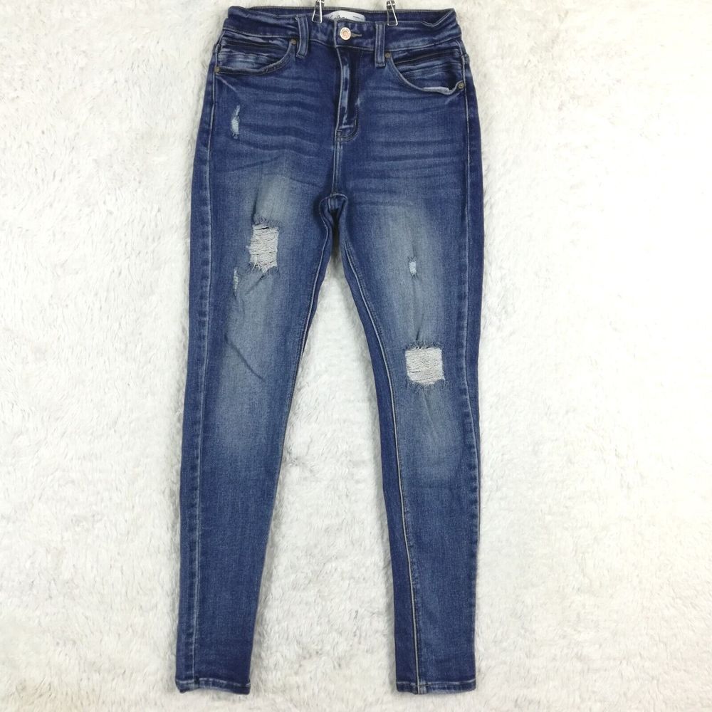 Kancan Womens Jeans High Rise Curvy Skinny Blue‎ Denim Ripped Whiskering 27